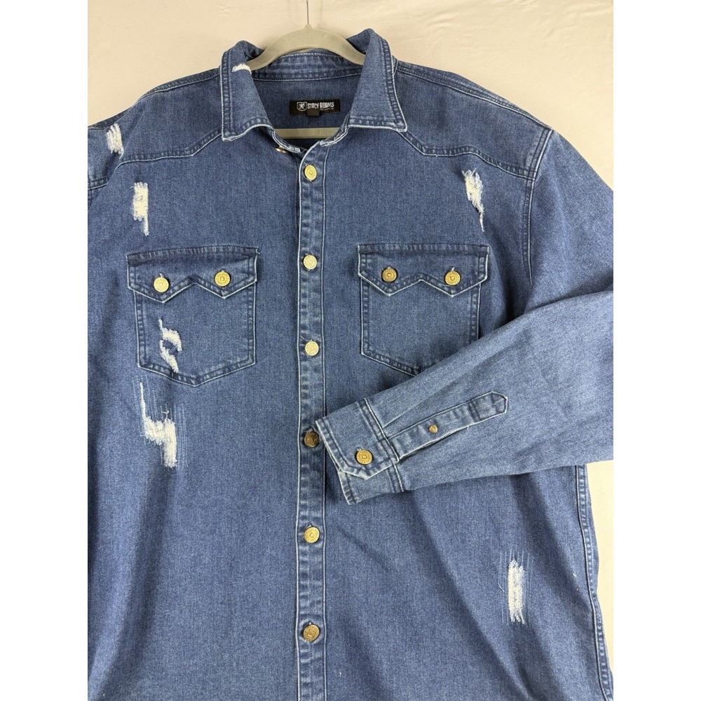 Stacy Adams blue distressed jean button up denim jacket, women's xxl